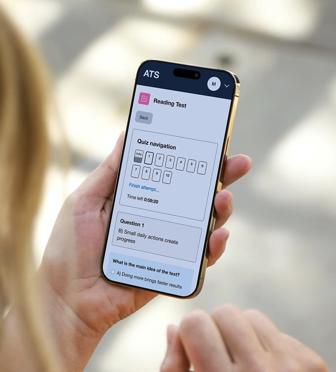 Adaptive testing platform shown on a phone held in hand