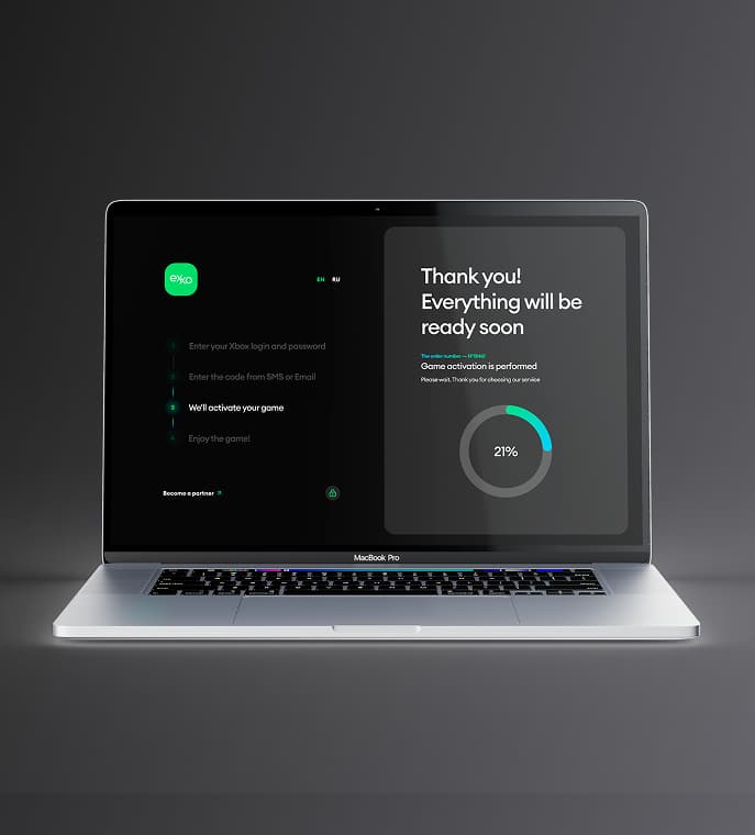 EXXO digital commerce product shown on a dark laptop render