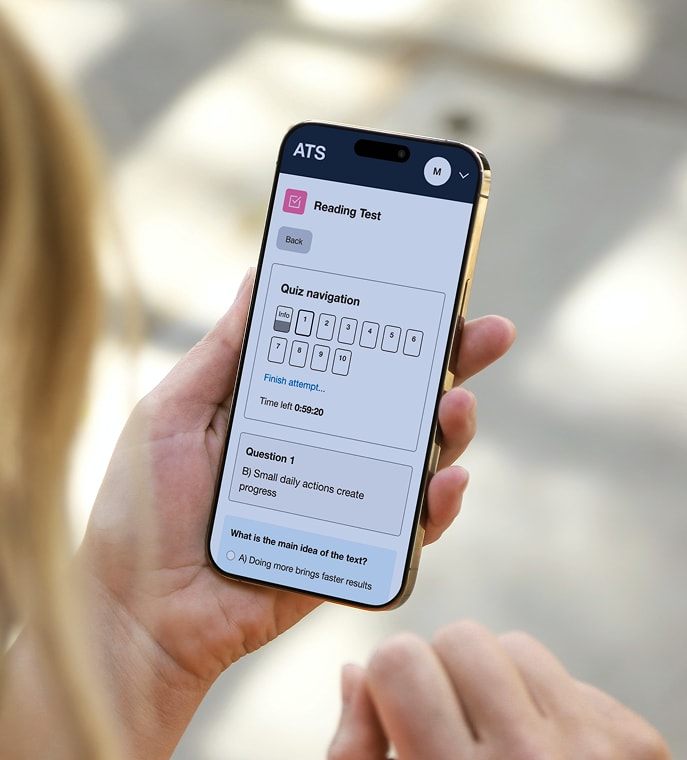 Adaptive testing platform shown on a phone held in hand